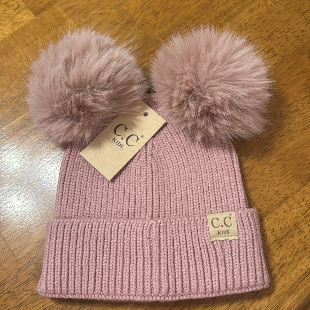 New Adorable CC Kids Pink Hat with Two Faux Fur Pom’s
